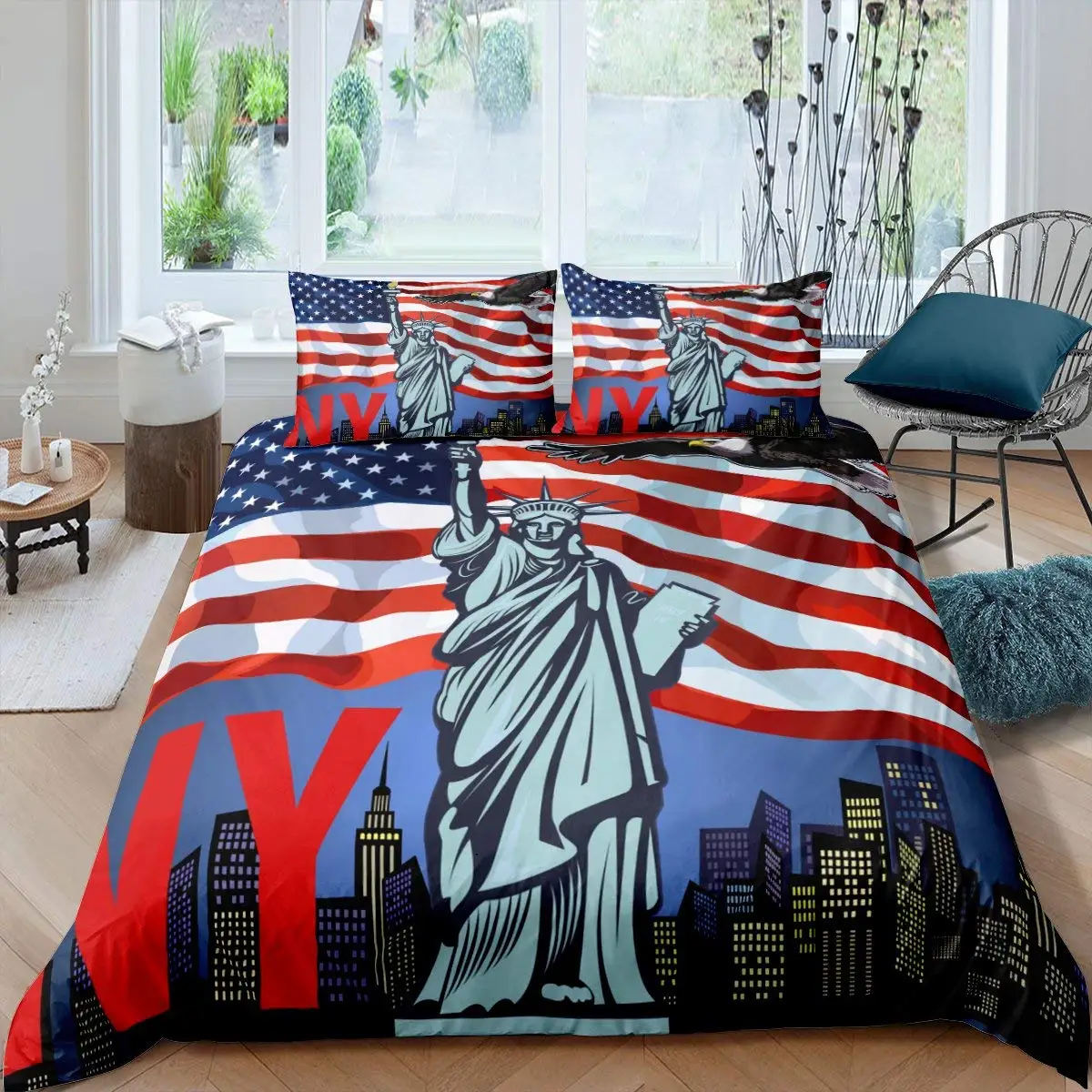 

Statue of Liberty Bedding Set City Scape Famous Attractions In New York USA Duvet Cover Set Men Women Teal Bedding Room Decor