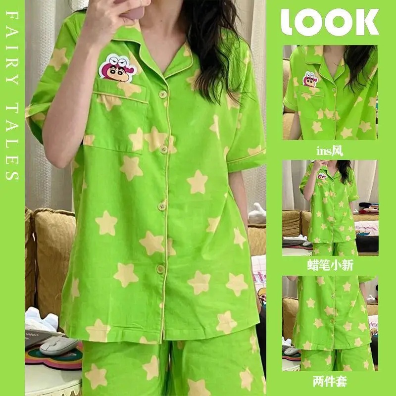 

Kawaii Crayon Shin-Chan Anime Pajamas Women's Summer New Short-Sleeved Shorts Thin Section Home Service Suit Can Be Worn Outside
