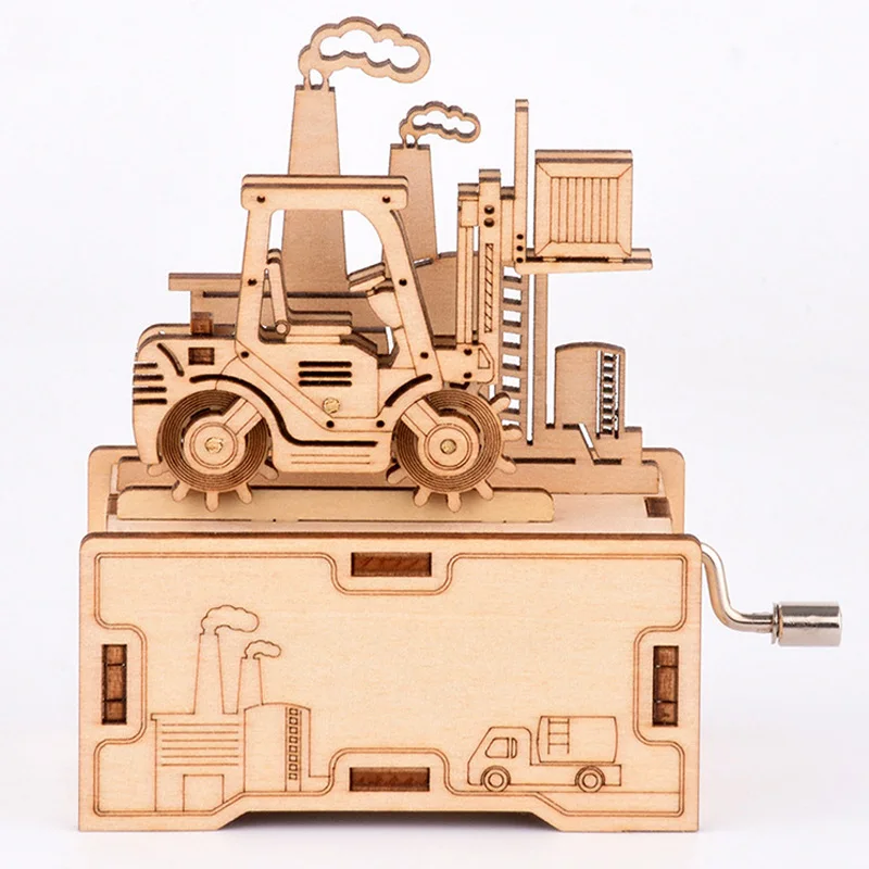 

Forklift Wooden Hand-cranked Music Box 3d Jigsaw Puzzle Educational Music Boxes Kids Christmas Gift Boys Girls Toy