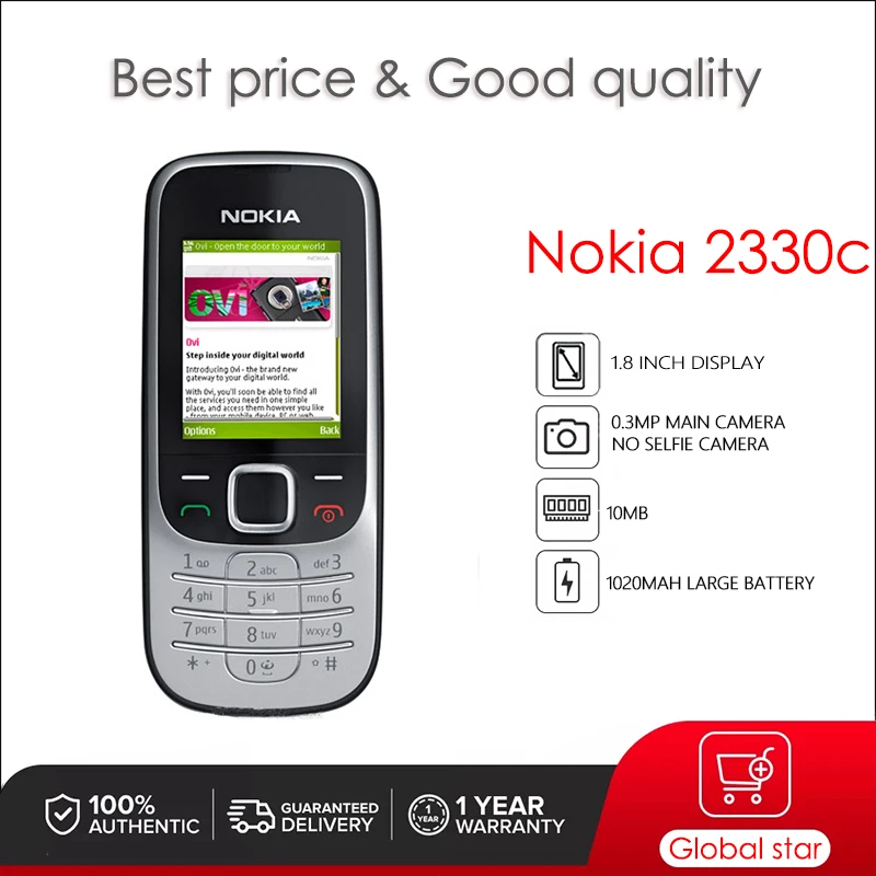 

Nokia 2330 Classic Original 1.8 inches 0.3MP 1020 mAh Mobile Phone 10MB Cellphone Free Shipping High Quality