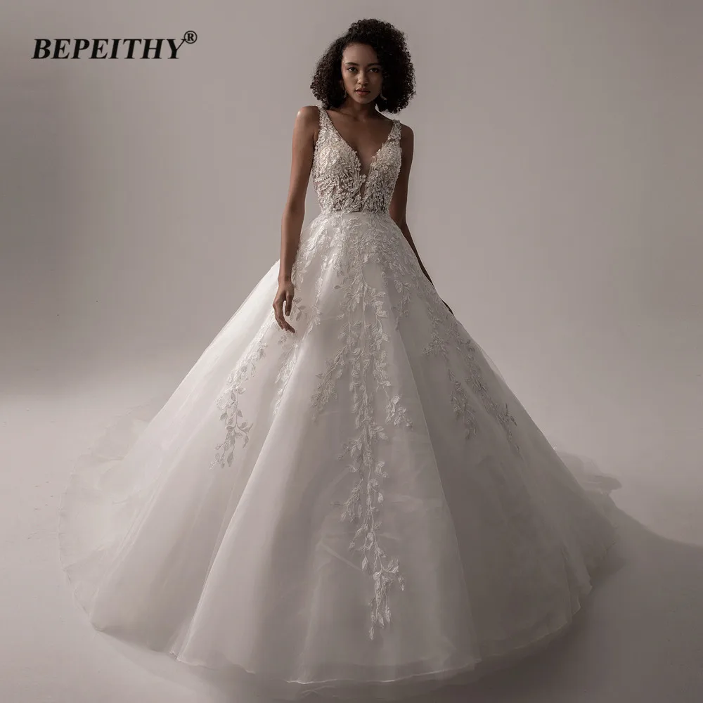 BEPEITHY Vestido De Noiva V Neck Sleeveless Wedding Dresses 2022 For Women A Line Ivory Lace Romantic Bride Boho Bridal Gown