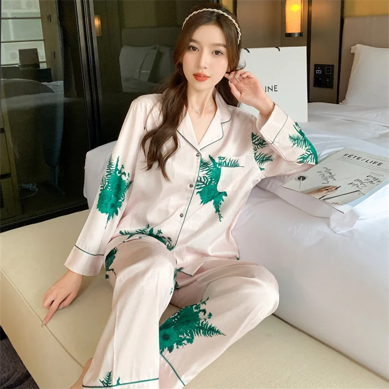 

Jxgarb весенние новые женские Сатиновые пижамные комплекты для сна модные женские брюки с длинным рукавом Свободные ночные пижамы домашние костюмы