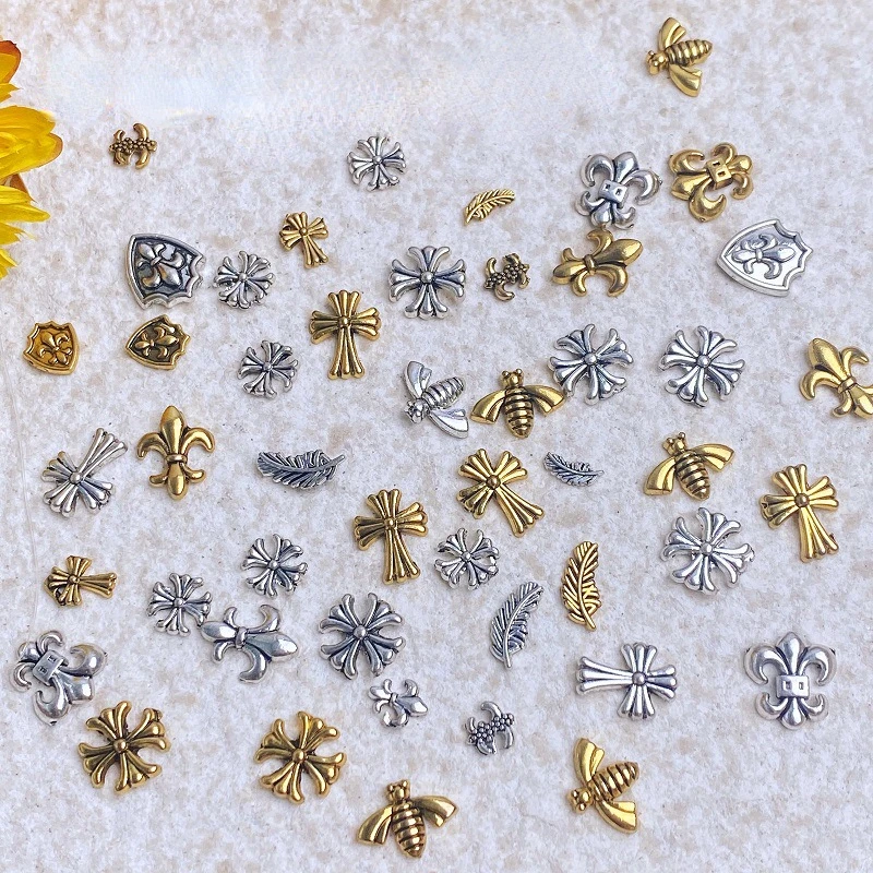 

50pcs nail charms mix Accessories Retro Gold Silver Metal Punk Rivet Leaf bee Cross DIY Nail Art Alloy Nail Decoration