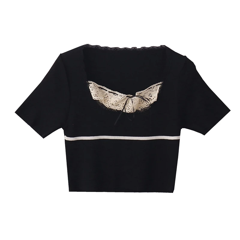 

Summer Retro Lace Square Collar High Waist Slim Short Knitwear T-shirt Top