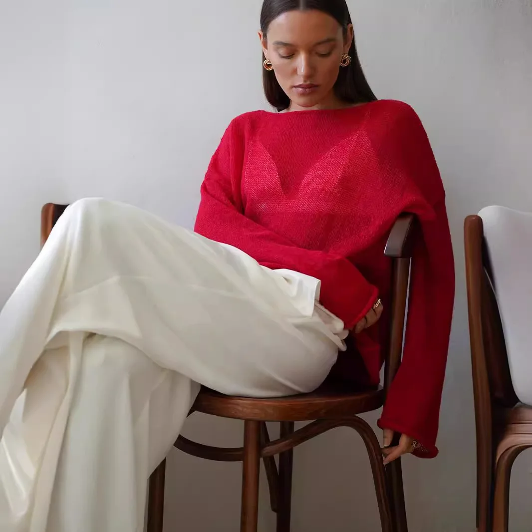 Женская одежда повседневная футболка Осенний Вязаный топ с вырезами однотонный