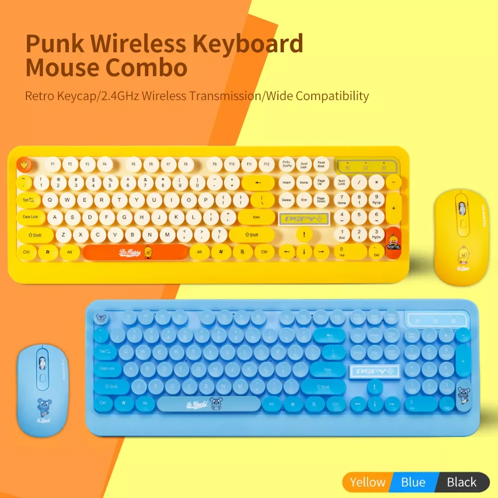 

K68 Keyboard Mouse Combo 2.4GHz Wireless Cute Retro Round Keycap Keyboard Mouse Set Punk Keyboard Mouse Combo Teclado keyboards