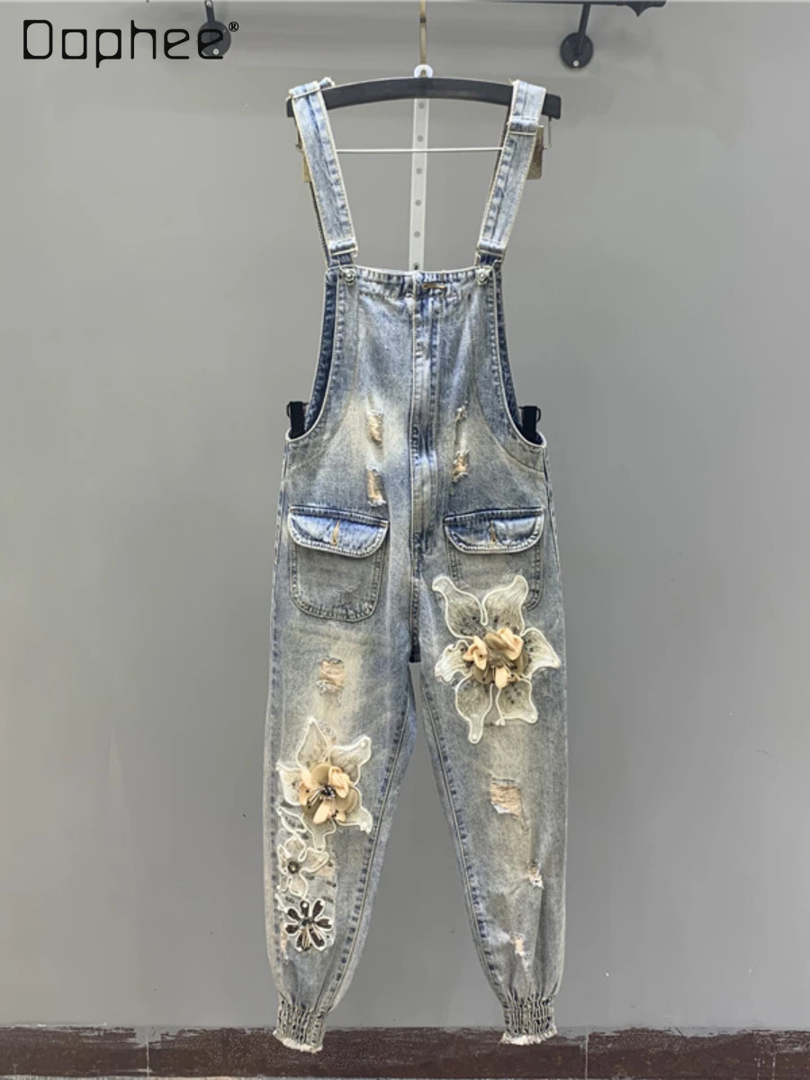 Beaded Three-Dimensional Flower Ankle-Tied Overall Denim Suspender Pants 2022 New Casual Summer One Piece Cropped Denim Jumpsuit