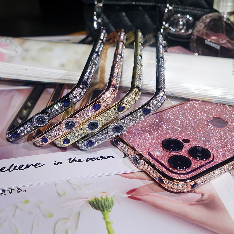 Rhinestone Crystal Diamond Metal Edge Bumper Phone Case For iPhone 14 Plus 13 12 11 Pro XS Max XR X Glitter Back Film Cover