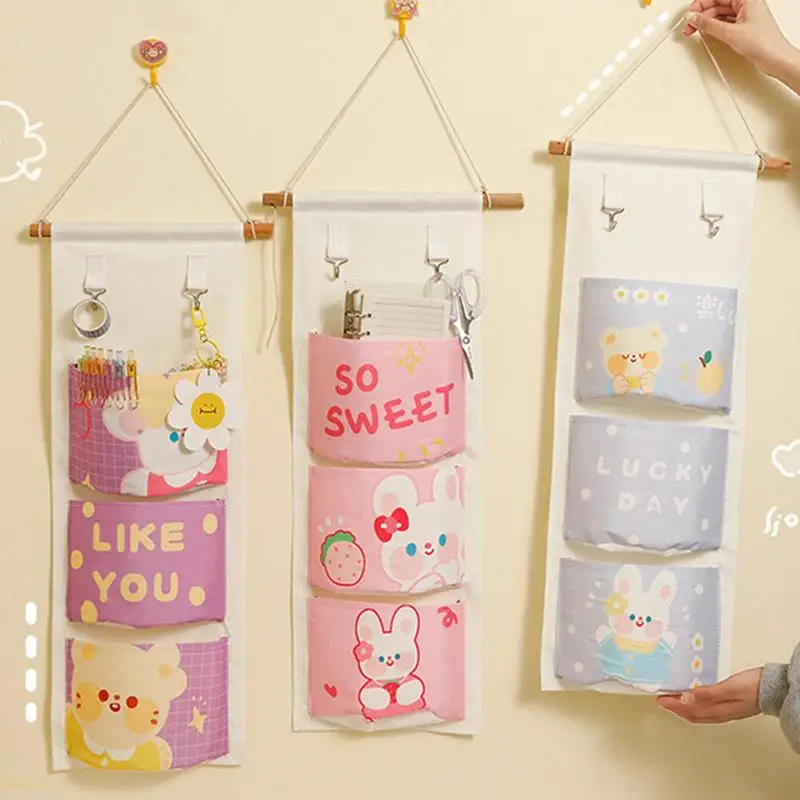 

3 Pockets Cute Wall Mounted Storage Bag Closet Organizer Clothes Hanging Storage Bag Children Room Pouch Home Decor 2023 New