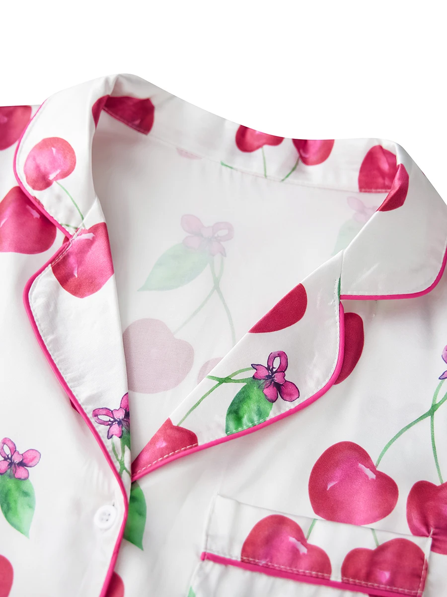 Женский атласный пижамный комплект с вишневым принтом топы на пуговицах