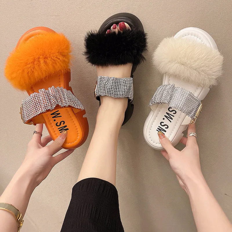 

Wool Rhinestone Thick Soled Sandals Women Wear Flip Flops 2022 Summer New European Station Belt Buckle Leisure TX-47