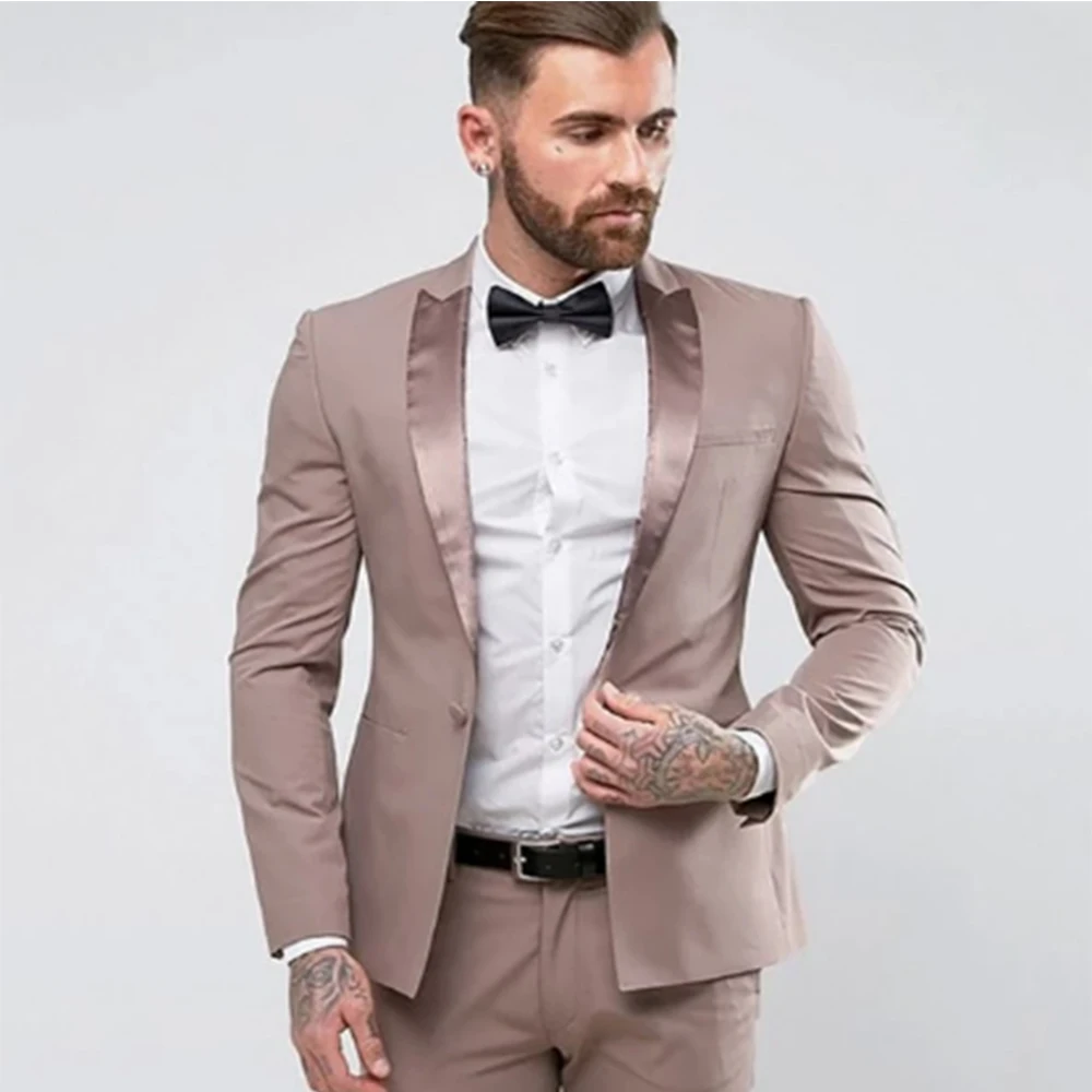 Custom Champagne Men Suits Groom Best Man Wedding Suits For Men Latest Coat Pant Design Prom Smart Slim Fit Street Suits 2 Pcs