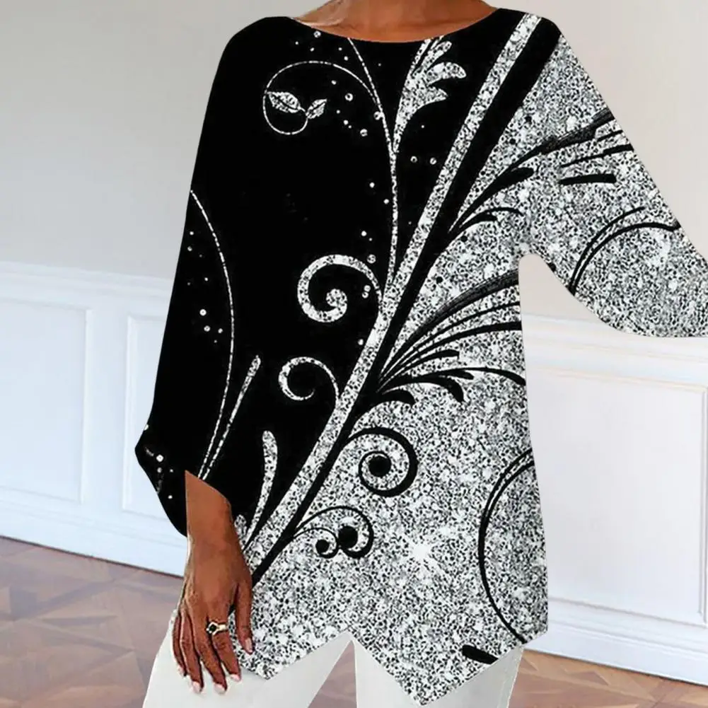 

Women Blouse O-Neck Ninth Sleeves Irregular Hem Loose Fit Lady Blouse Summer Geometric Lines Pattern Casual Top Streetwear