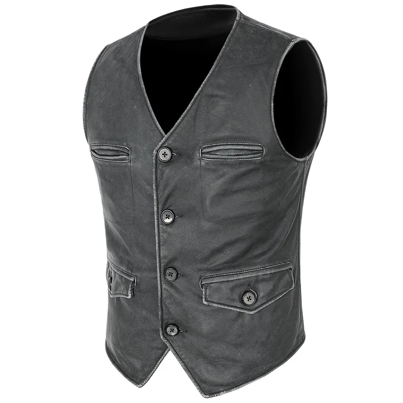 

Men's Motorcycle Genuine Vest Vintage Back Gentleman Waistcoat Real Leather Cowhide Amekaji Casual Sleeveless Jackets