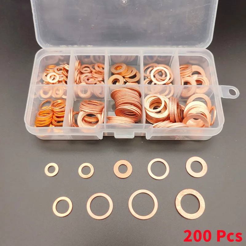 200 PCS,Copper Gasket Assortment Kit,Flat Sealing Ring,Auto Repair Parts,Oil Pan Screw Oil Drain Plug,M5/M6/M8/M10/M12/M14