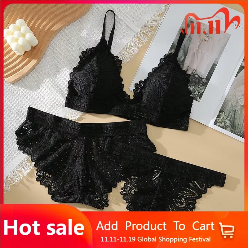

Lace Bra Women's Underwear Ultrathin brassiere Transparent bust bodice Women's Set Three Piece Sexy Women's Underwear Set bra