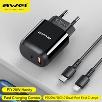 awei pd 20w fast charge usb type c charger with usbc to lightning cable for iphone 13 12 11 pro max ios wall phone quick charger