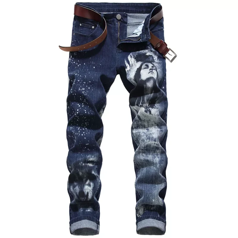2022New Fashion 3D Pattern Street Jeans Letters Printed  Gothic Jeans Man Skinny Black Blue  Designer Denim Pants Plus size 42