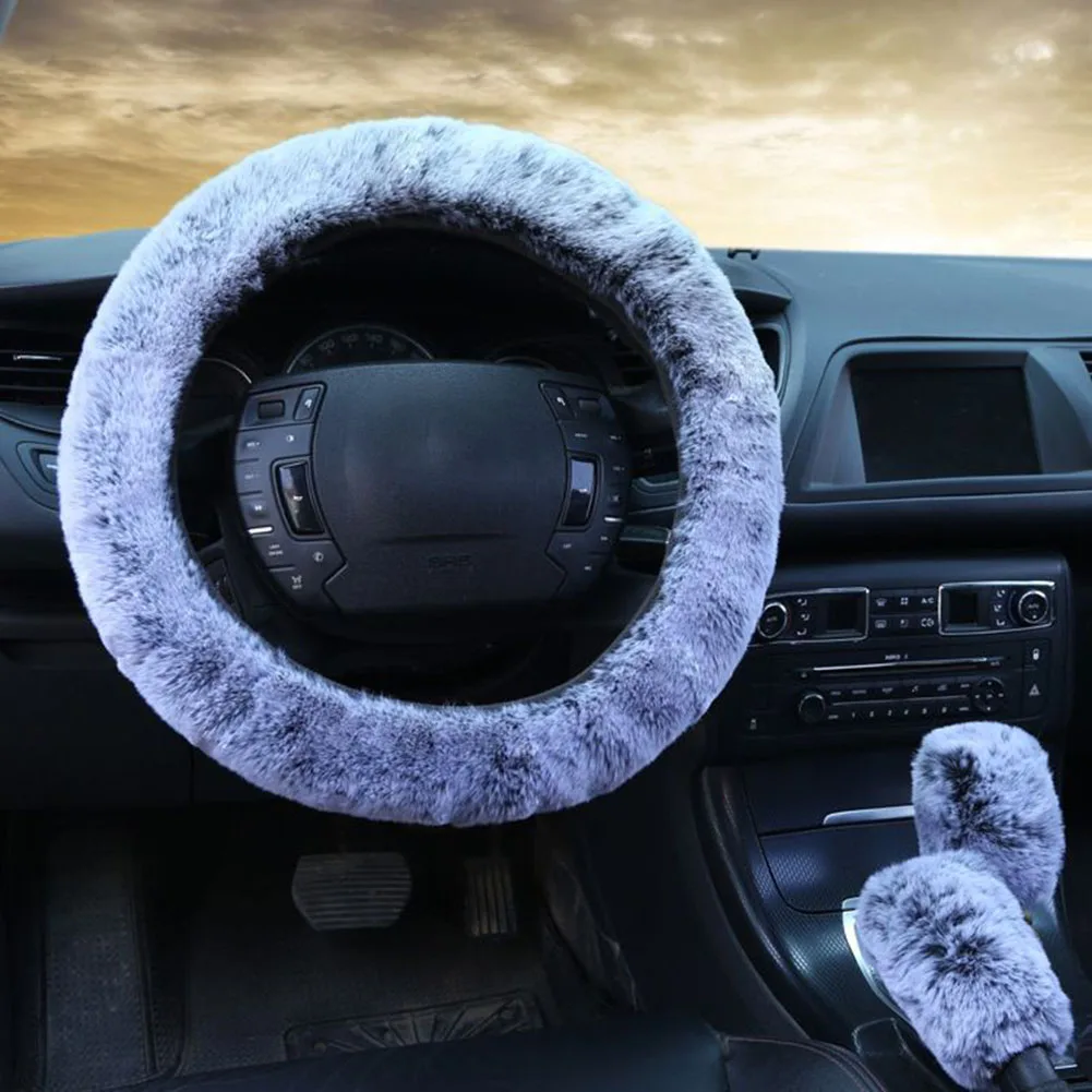 Car Steering Wheel Cover Gearshift Handbrake Cover Protector Decoration Warm Super Thick Plush Collar Soft  Protectors