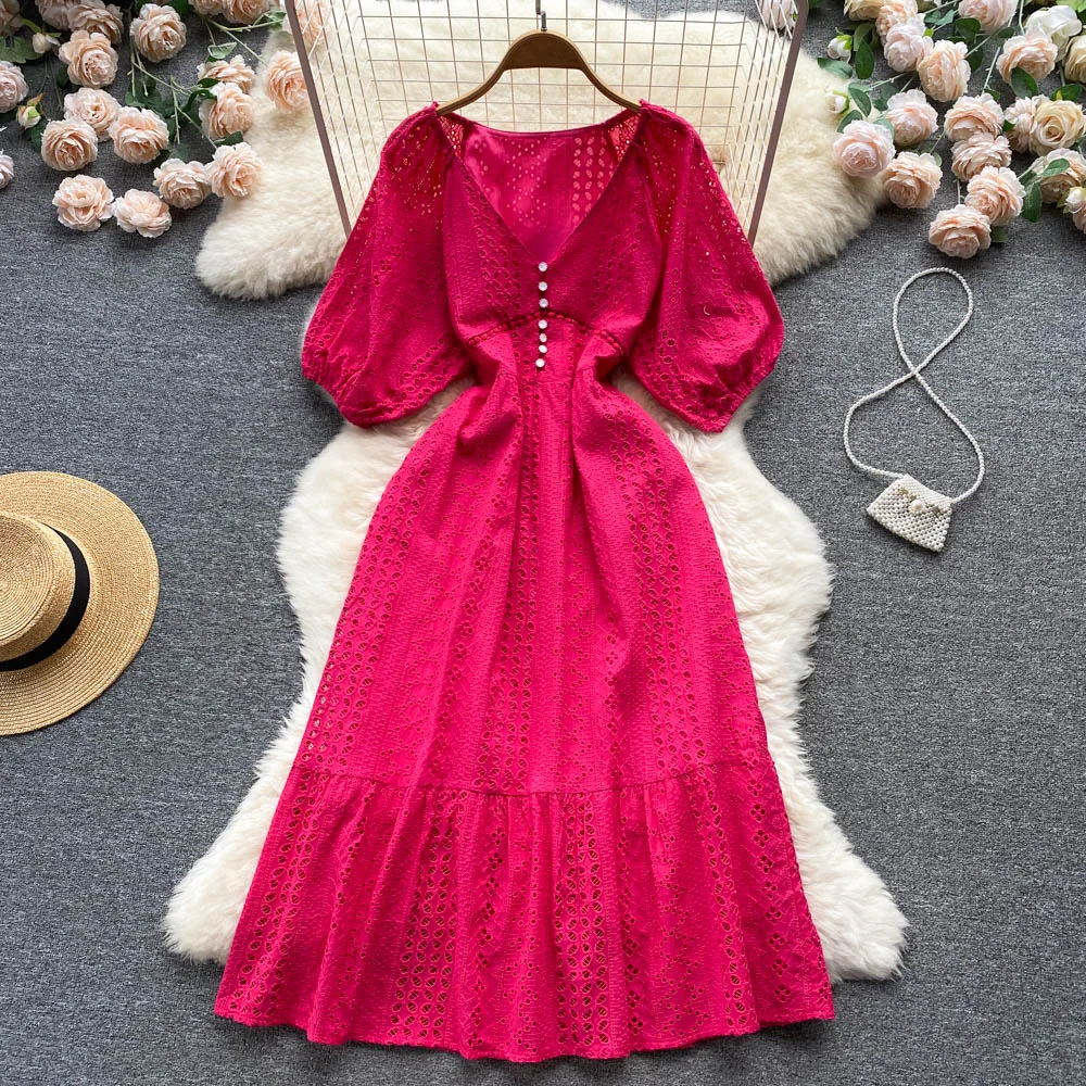

French Sweet V-neck Short Sleeve A-line Dress Women's Summer Fashion High Waist Thin Solid Color Elegant Clothes Vestidos G926