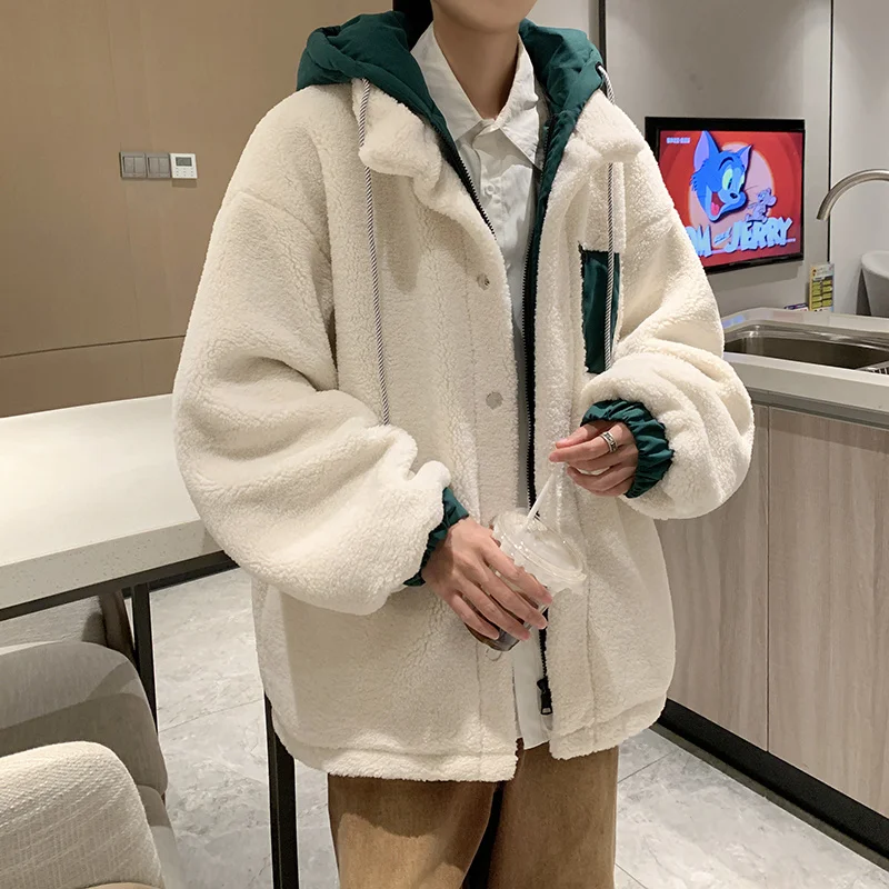 Winter Jacket Men Warm Fashion Thickened Lamb Wool Jacket Men Korean Loose Thick Hooded Short Coat Mens Parker Clothes M-2XL