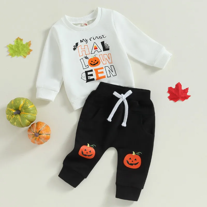 

Halloween Newborn Baby Boy Pant Sets Autumn Clothes Pumpkin Long Sleeve Sweatshirt and Elastic Waist Sweatpants Baby Clothing