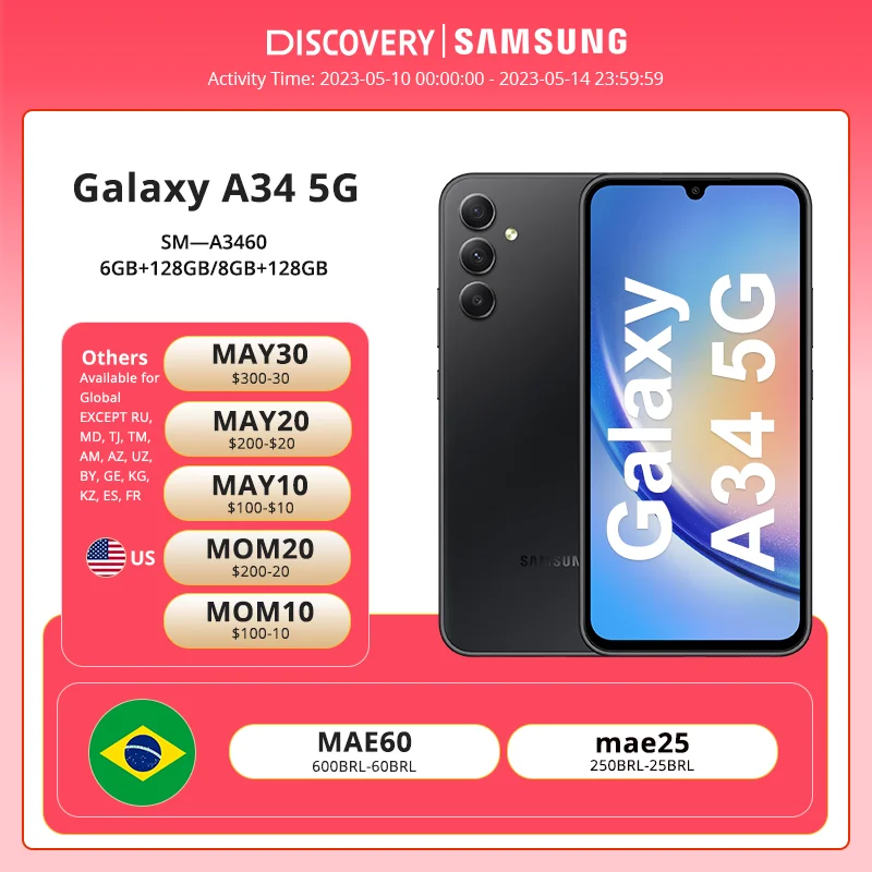 NEW 2023 Samsung Galaxy A34 5G 8GB 128GB Smartphone Android 13 Octa-core 120Hz Super AMOLED 5000mAh 25W Fast Charge Mobile Phone