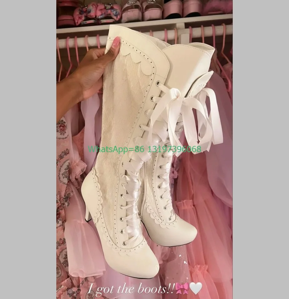 Женские винтажные кружевные сапоги до колена на низком каблуке со шнуровкой