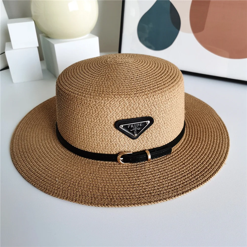 

1 piece round straw hat outdoor leisure sun hat summer beach hat ladies wild Straw hat for women with belt logo