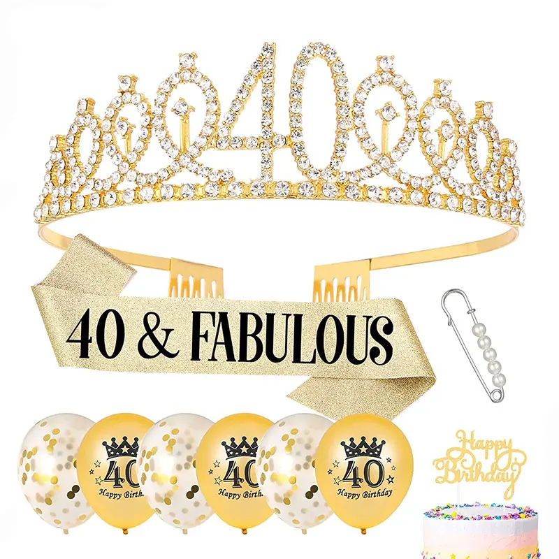 

Birthday Party Decoration,Gold Satin Sash Crystal Crown Tiara Balloons Birthday Cake Topper 18 21 30 40 50th Birthday Party
