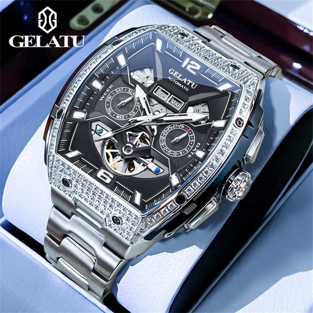 Фото Мужские часы GELATU Luxury, оригинальные, скелетонизированные, автоматические, механические ﻿   Водонепроницаемые часы из нержавеющей стали 50 м для мужчин, подарок 6016 №1