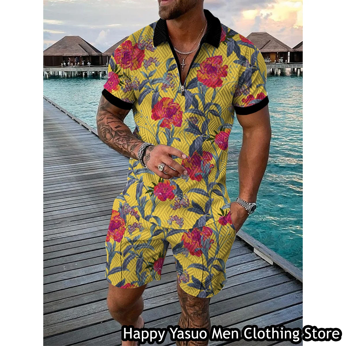 Summer Men Polo Shirt Set 2 Pieces Hawaiian Vacation Style Outfit Male Casual Suit Vintage Clothing Floral Printing Tracksuit