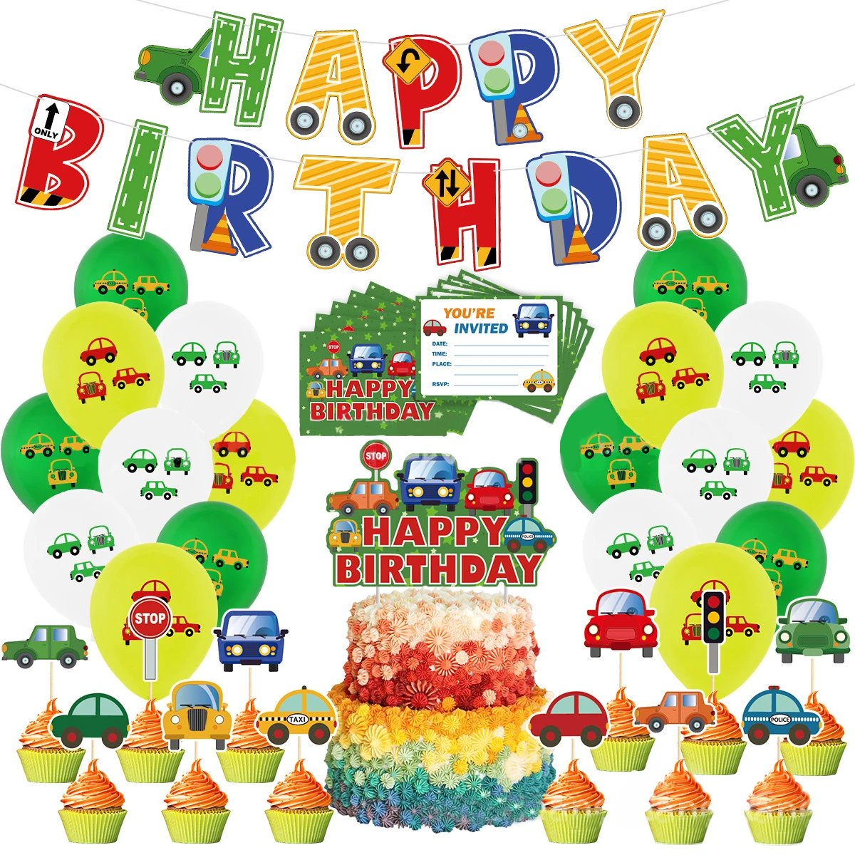 

CHEEREVEAL Car Theme Birthday Party Decoration Cartoon Balloon Set Banner Cake Topper Boys 1st 2nd 3rd Birthday Party Supplies