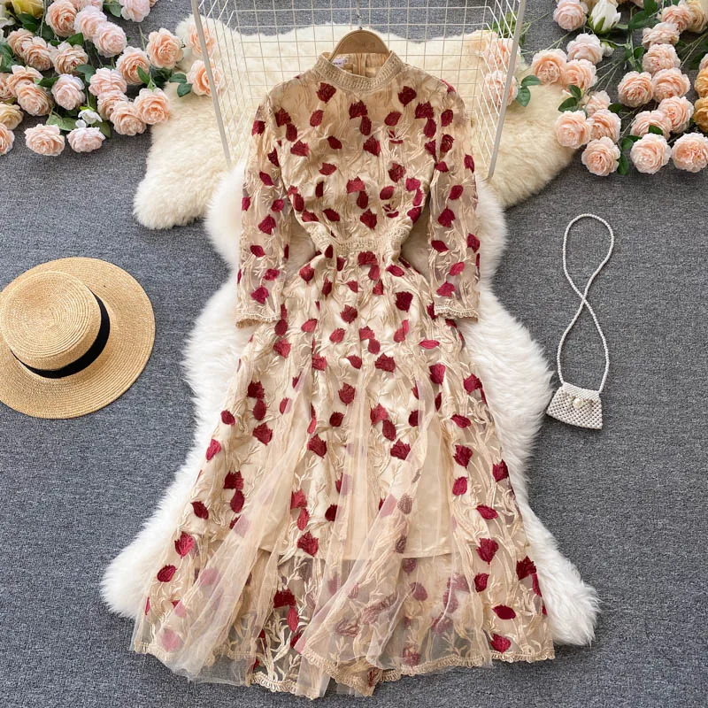 

WEIHAOBANG 2022 Spring Autumn Women Solid Color Embroidered Mesh Medium Long Skirt Long Sleeve Round Neck High Waist Slim Dress