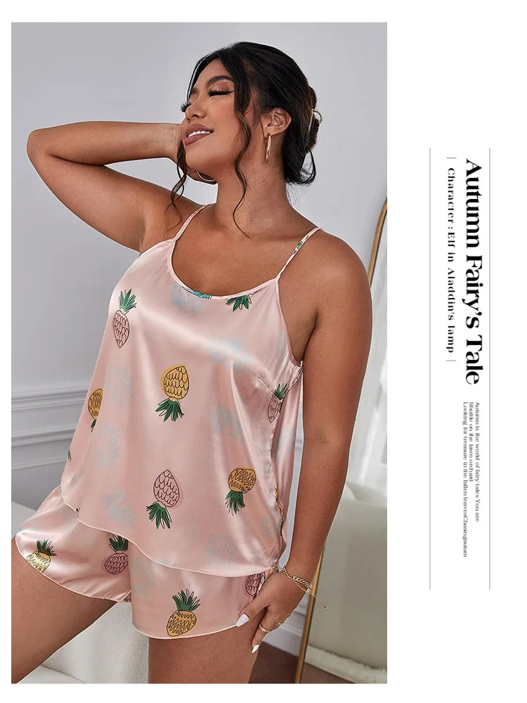 Pajamas cartoon pineapple simple suit casual comfort home suspender shorts plus size two piece sets