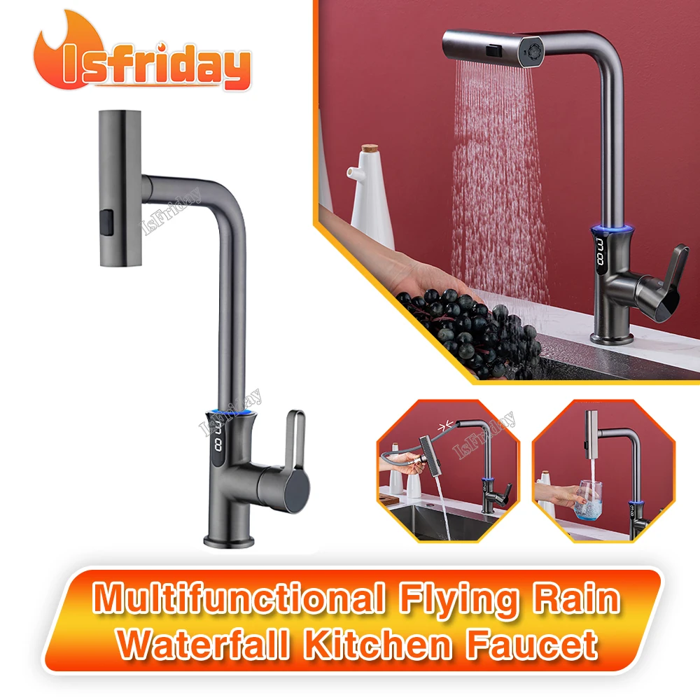 

Waterfall Temperature Sensor Digital Display Kitchen Faucet Pull Out Stream Sprayer Hot Cold Water Sink Mixer Tap For Kitchen