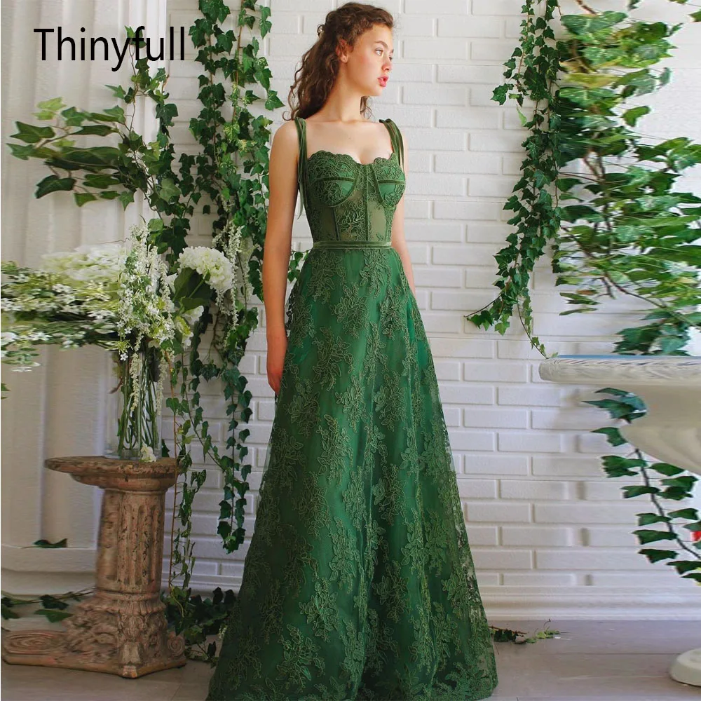 

Thinyfull зеленые кружевные вечерние платья с цветами, платье для земли, вечерние платья без рукавов на тонких лямках
