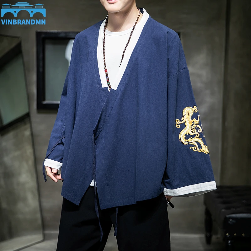 

Осенняя мужская одежда в китайском стиле, вышитая хлопковая льняная одежда Hanfu Taoist Robe, старинная таможня, свободная диагональная ткань