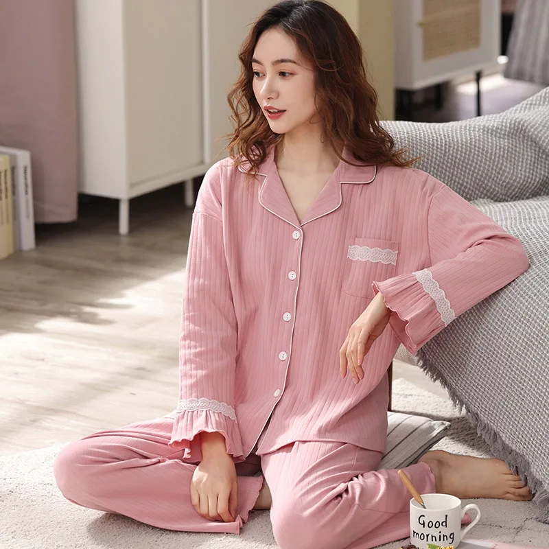 Women Pajamas 100% Cotton Pijama 2Pcs Set Lounge Sleepwear Bedgown for Ladies Pijamas Mujer Home Clothes PJs Pure Cotton Pyjamas