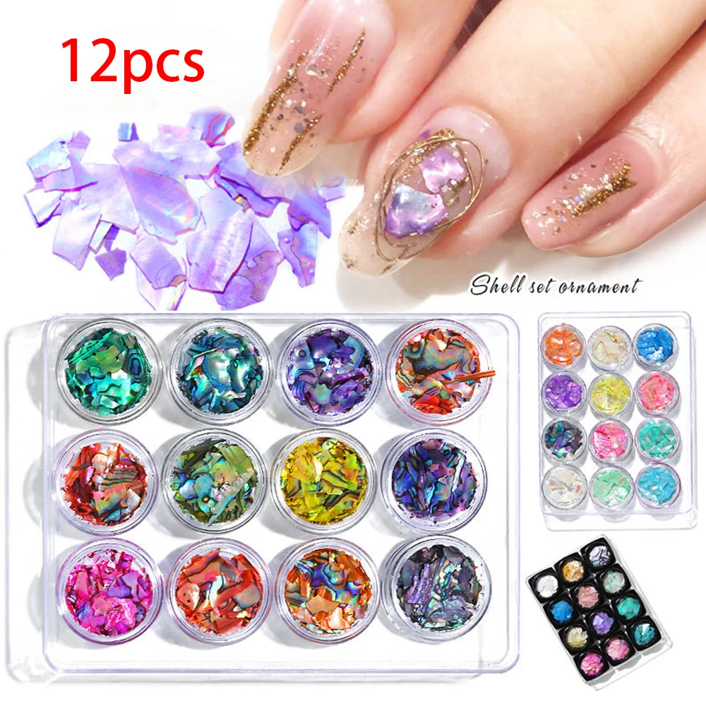 

12PCS Nail Accessories Natural Shell Paper Thin Fragments Powder Irregular AB Set Nail Supplies For Professionals DIY Decoration