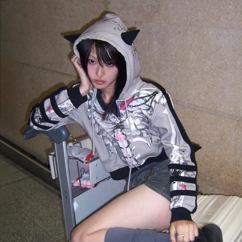 Karrram японская куртка с принтом аниме Y2k готическая темными рогами дьявола верхняя