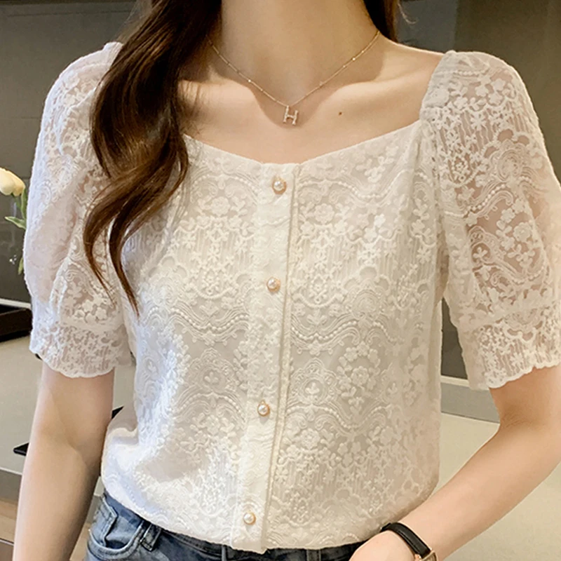 

XIAOMI Blusas Blouses Femme Top Summer Short Sleeve Blouse Women Blusas Mujer De Moda V-Neck Lace Blouse Shirt Tops Women E883
