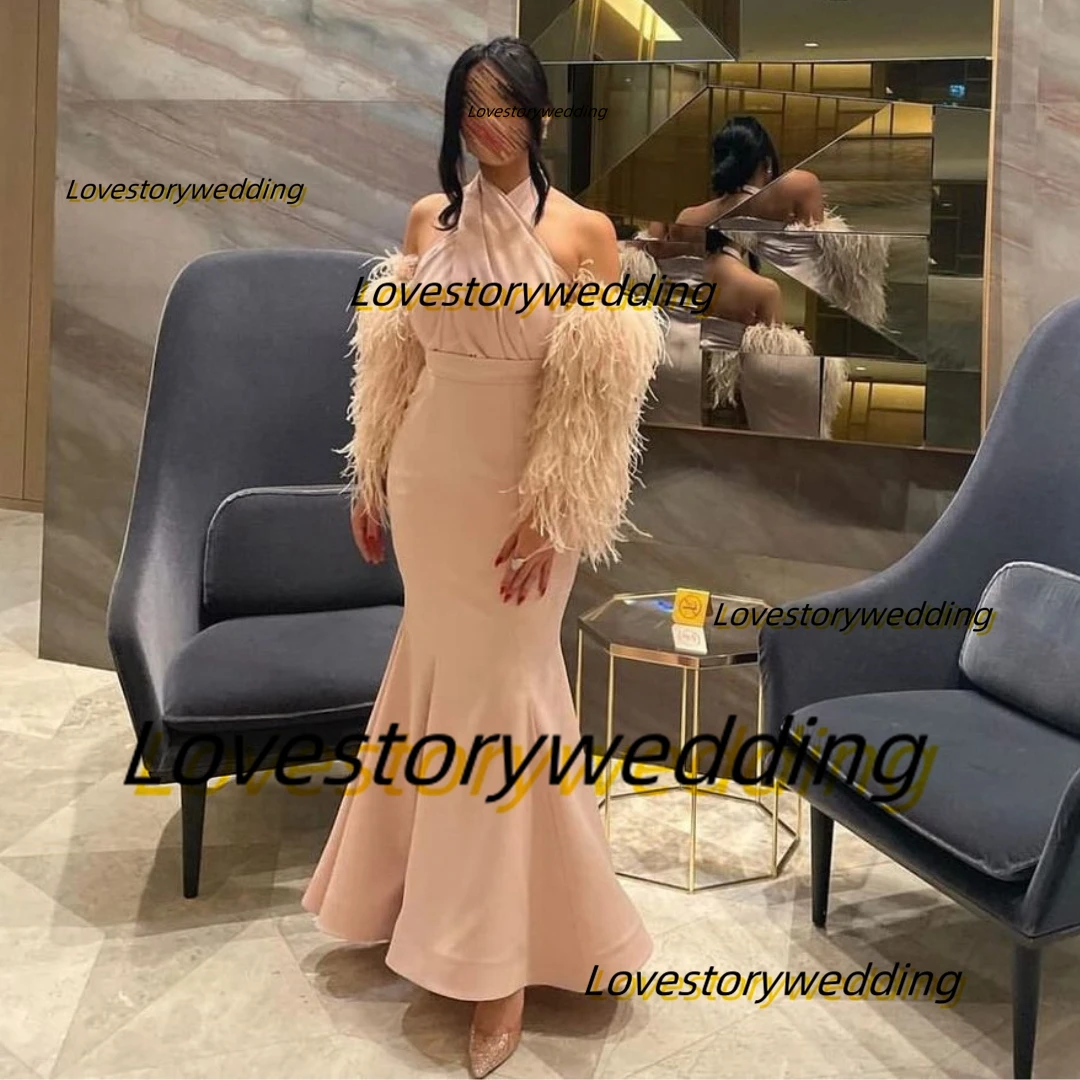 

Lovestory Halter Neck Mermaid Prom Dresses for Saudi Arabia Women Luxury Feathers Long Sleeves Celebrity Women Evening Gowns