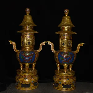 37"Tibet Temple Collection Old Bronze Cloisonne Enamel Dragon Texture Stupa Pagoda Incense burner A pair Worship Hall Town house