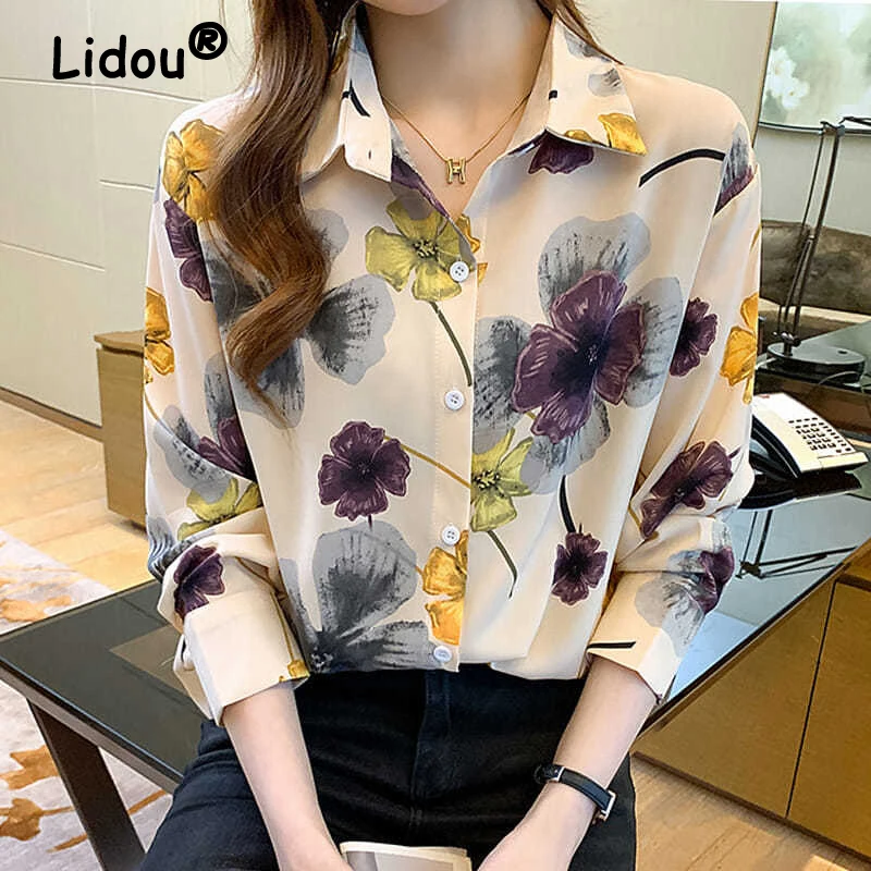 

Женская винтажная элегантная рубашка на пуговицах с цветочным принтом, корейская мода, Офисная Женская блузка с длинным рукавом, повседневные свободные шикарные топы, блузы