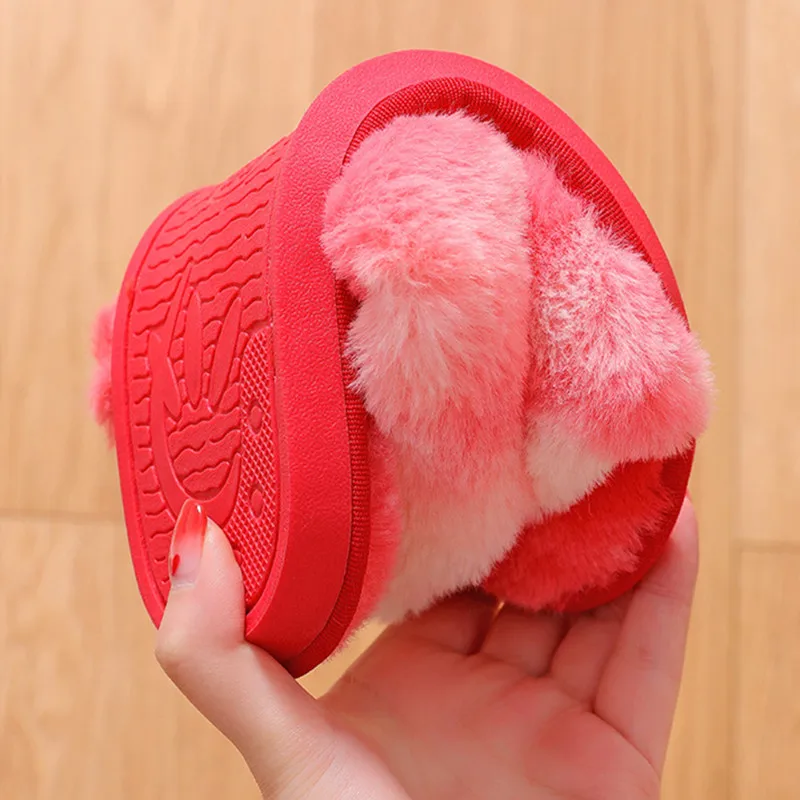 Autumn and Winter New Fashion Colorful Plush Slippers Women's Home Fluffy Warm Flat Open Toe Crossed Plush Cotton Slippers Women