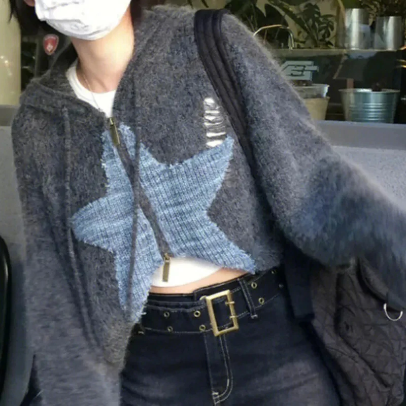 Укороченный вязаный кардиган Y2K женский свитер со звездным принтом и капюшоном