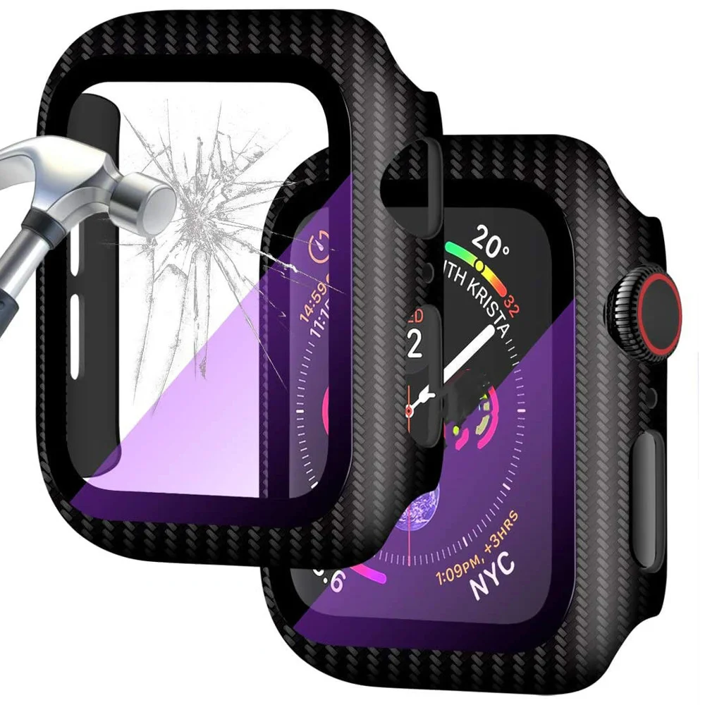 

Carbon Fiber case For Apple Watch 49mm 45mm/41mm 44mm 40mm Screen Protector Glass Protector Cover Iwatch Series 3 SE 6 7 8 ultra