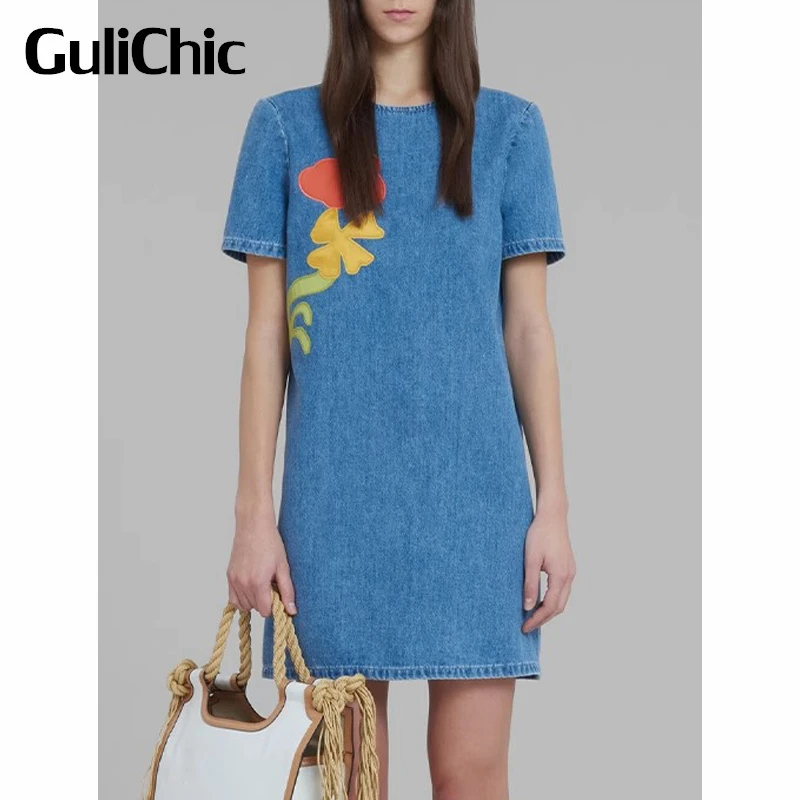 

6.23 GuliChic Women Fashion Round Neck Short Sleeve Contrast Color Floral Embroidery Casual Denim Dress