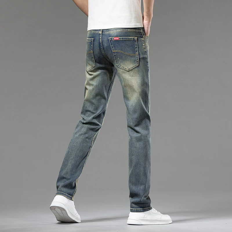 Джинсы мужские тонкие состаренные летние узкие эластичные длинные брюки с